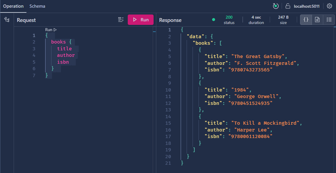 An example query in the GraphQL query language, with the result in JSON.